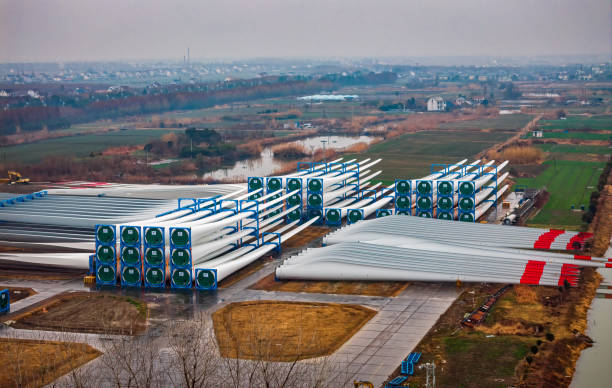 Aerial shot above a large group of objects at a commercial dock