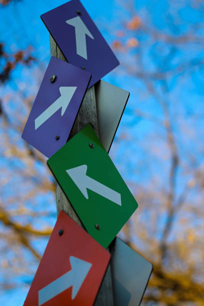 abstract colorful multi-directional arrows trail road sign instructions conflicting confusion metaphor path decisions business life perspective background. cross country skiing signs or trail marker.