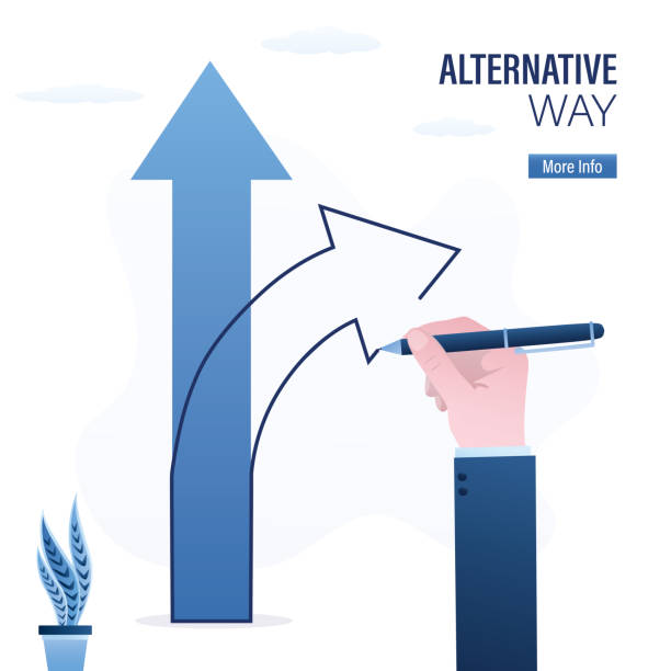 istock Businessman hand uses pen and draw another arrow or way of development or career. Decision to choose pathway, alternative or choice, deciding, 2198625817