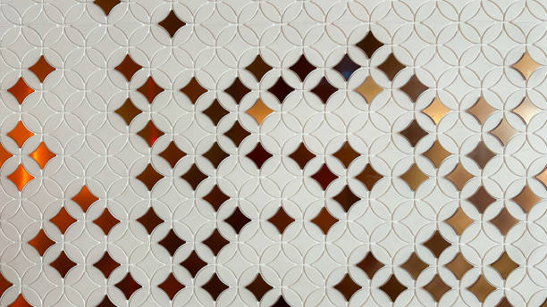 Ceramic Mosaic Tile Background Overlap Circles in White and Diamond Pattern in Gold Color