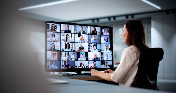 istock Digital HR professional hosts video conference webinar 2198632532