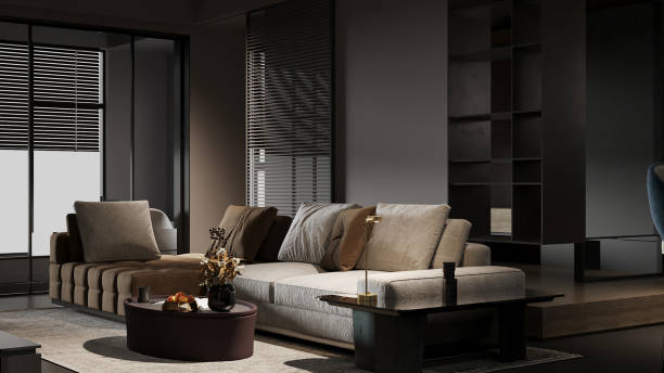 istock Modern Dark Living Room with Plush Sectional Sofa and Minimalist Decor 2198632707
