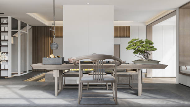 istock Luxury Dining Room Design: Elegant Table Setting, Bonsai Art, and Designer Chair (Appeals to a higher-end market) 2198633547