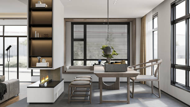 istock Modern Living Room with Fireplace, Window Seat, and Dining Area (Descriptive, highlights key areas and features) 2198633605
