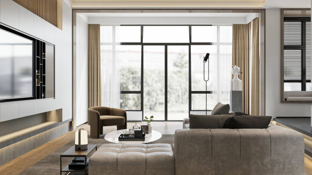 istock Modern Living Room with Floor-to-Ceiling Windows and City View (Descriptive, highlights key features and view) 2198633608