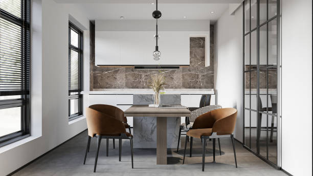 istock Modern Minimalist Kitchen with Dining Area and Glass Partition 2198633623