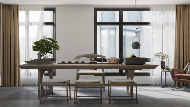 istock Modern Tea Ceremony Room with Bonsai Tree and Minimalist Design (Descriptive, highlights features and style) 2198633836
