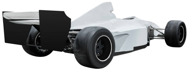 Back view white open wheel race car isolated on white background with clipping path