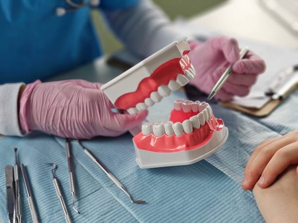 istock Demonstration of dental hygiene techniques using model teeth during a dental check-up 2198642102