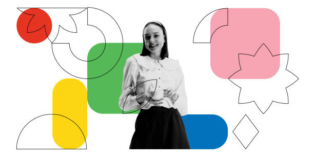 istock Smiling woman surrounded by abstract geometric shapes. Digital networking, authenticity, personal branding, and human connection 2198642325
