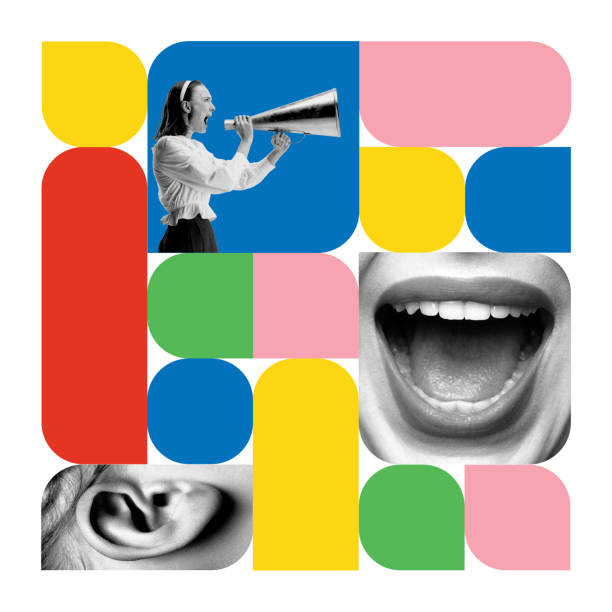 Woman shouting in megaphone against colorful geometric speech bubbles, symbolizing digital outreach, viral messaging