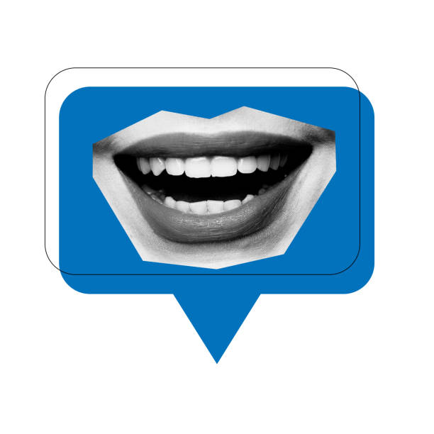 istock Close-up of wide smile inside blue speech bubble highlights expressive digital interactions, engaging conversations, 2198642331