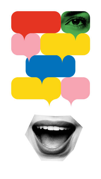 istock Open mouth below multiple colorful speech bubbles, with one eye peeking from corner, symbolizing online conversation 2198642333