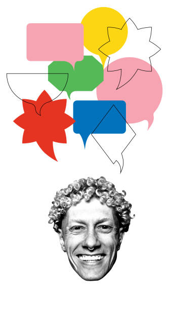 istock Smiling man head floating below colorful abstract speech bubbles, symbolizing discussion, online engagement, creativity 2198642339