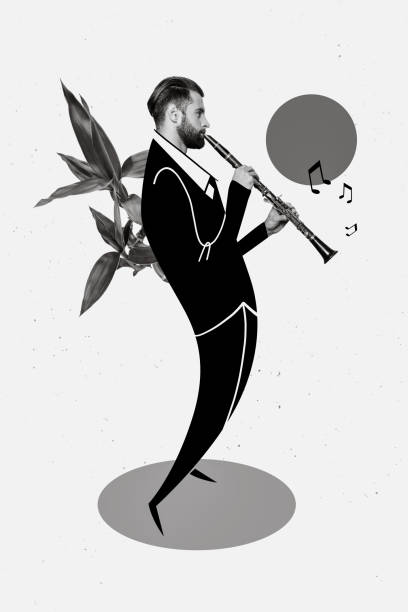 istock Vertical creative collage illustration of handsome positive man dressed formalwear play clarinet isolated on blue color background 2198642544