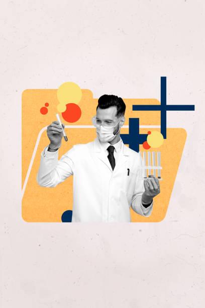 istock Template poster trend artwork 3D photo collage of young guy laboratory worker university experience hand hold glass equipment discovery 2198642704