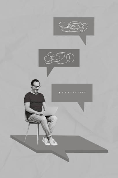istock Creative photo 3d collage artwork poster picture of hardworking man texting sms chatting colleagues isolated on painting background 2198642918