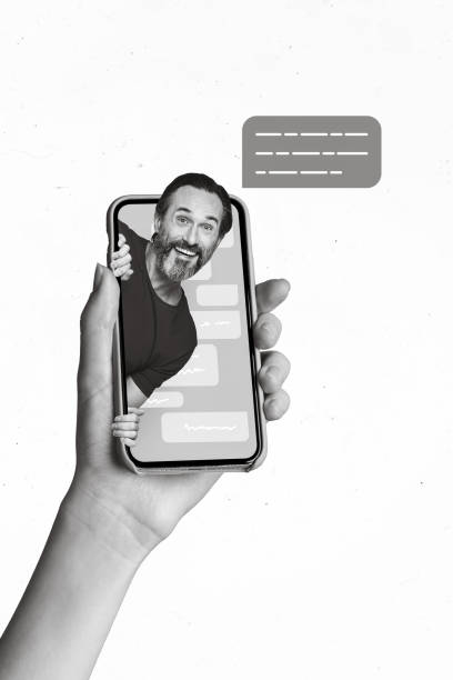 istock Creative photo 3d collage artwork poster postcard of positive middle aged man inside telephone screen write sms isolated on painting background 2198642919