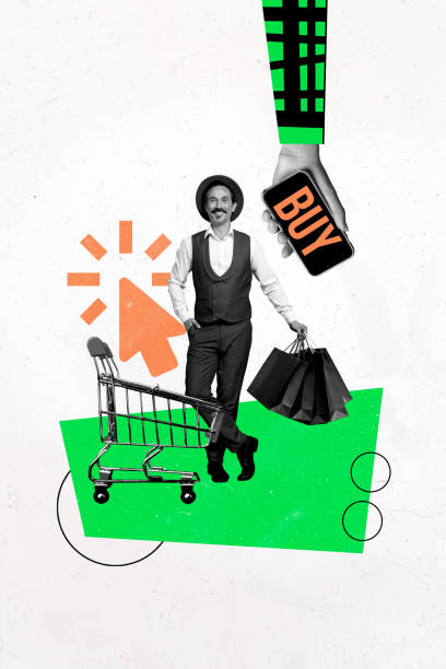 istock Art image vertical photo collage of happy dandy man hold shopper cursor click trolley hand phone sale online promo shopping 2198642937