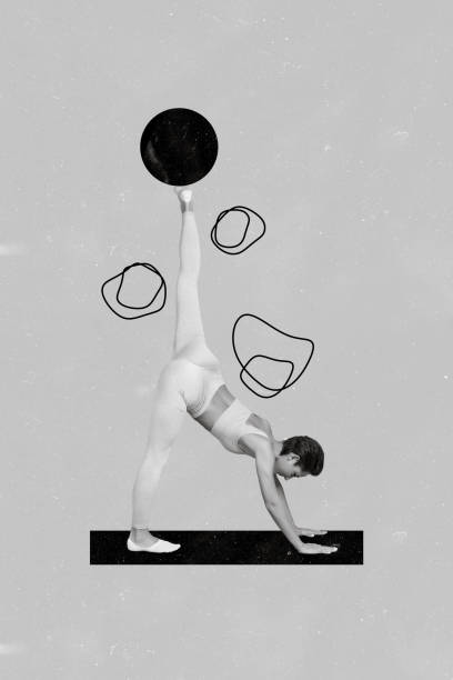 istock Surreal image magazine banner collage of sportive lady stretching doing flexibility use cosmic galaxy round ball sport gear 2198643110