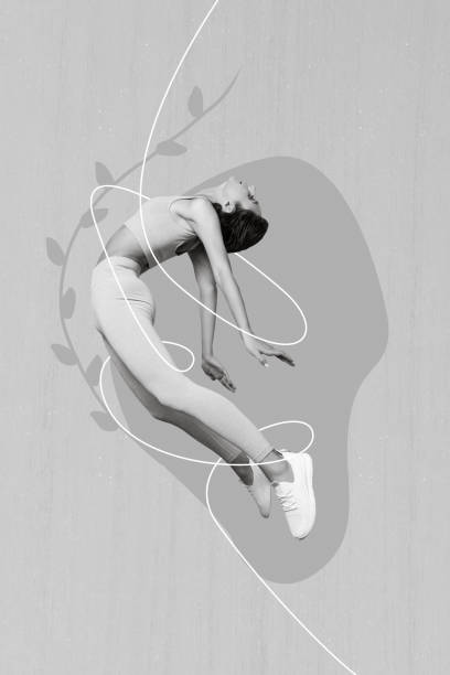 istock Creative abstract template graphics collage image of carefree charming lady jumping high isolated drawing background 2198643180