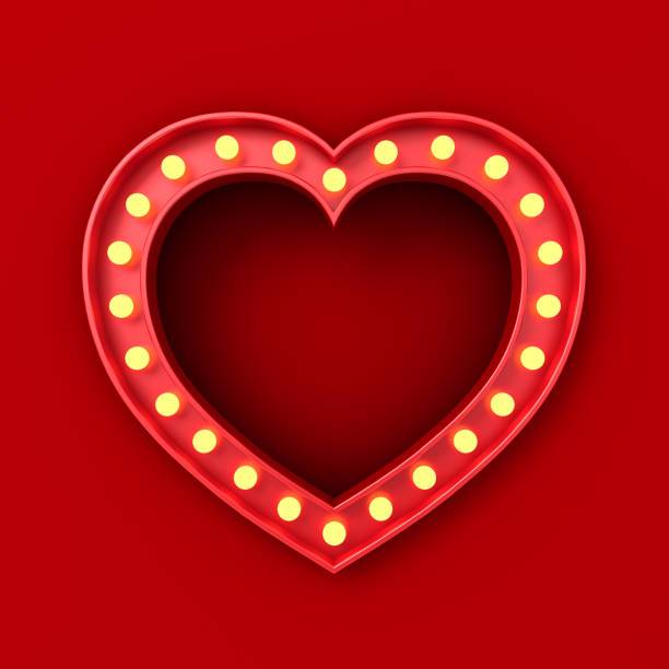 istock Blank retro love heart shape billboard sign hole frame with glowing yellow neon light bulbs isolated on dark red wall background minimal conceptual 3D rendering 2198647467