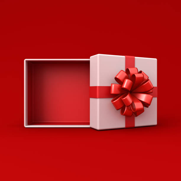 istock Blank white open gift box or blank product display present box mockup showcase stand tied with red ribbon bow isolated on dark red background with shadow minimal valentines day conceptual 3D rendering 2198647494