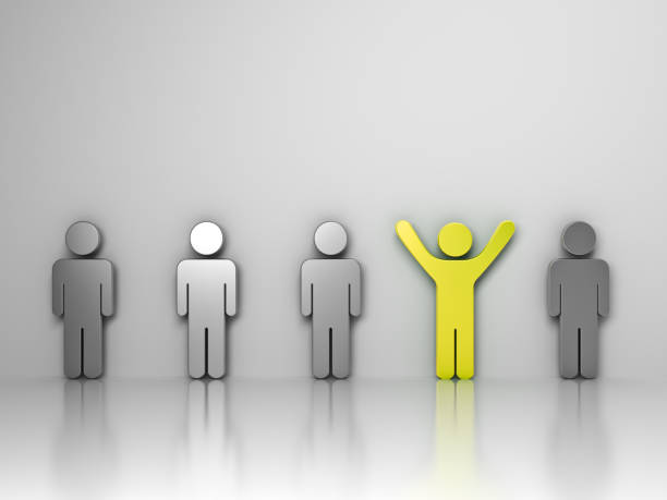 istock Stand out from the crowd and different creative idea concepts One gold man standing with arms wide open among silver people on grey background with reflections and shadows 3D rendering 2198647514