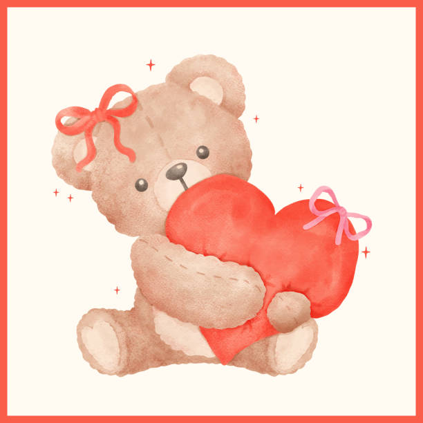 istock Adorable Valentine Coquette Teddy Bear Hug Red Heart in Watercolor Hand Painted 2198653443