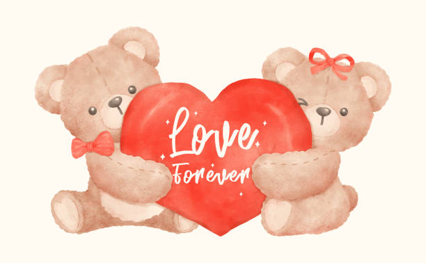 istock Retro Valentine Two Coquette Teddy Bears together with Red Heart in Watercolor Style 2198654003
