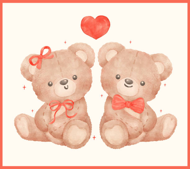 istock Two Valentine Coquette Teddy Bears sit together in Watercolor Hand Painted 2198654819