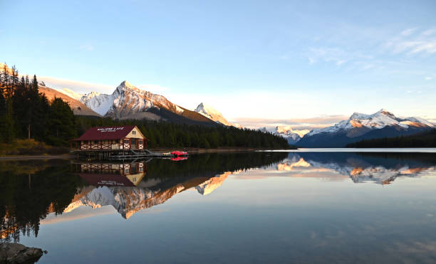 istock Maligne Lake at dusk in October 2198656385