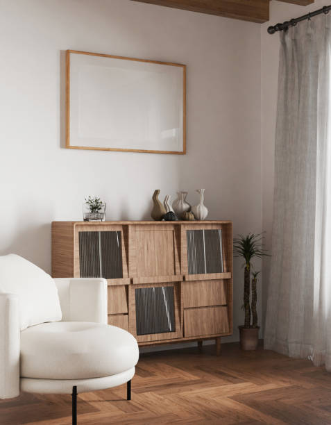 istock Mockup interior empty picture poster wood frame in living room, element cozy interior horizontal, on the wall. in illustration 3d render 2198660155