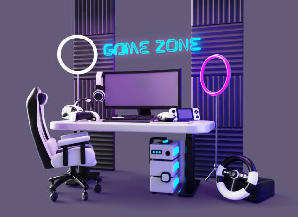 istock Game zone 3d room interior with setup for playing and streaming at night. Computer on table, chair, headphones, led ring lamp, neon sign on wall. Realistic render cyber esport studio 2198660851
