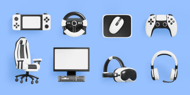 istock Gamer devices 3d render icon set. Realistic joystick, vr glasses, video game console, headphones, steering wheel, pc, mouse, chair for shop sale, online shopping in cybersport store 2198660925