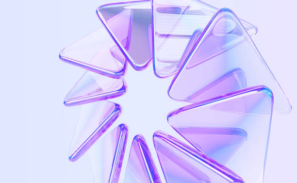 istock Abstract 3d background wallpaper with glass circle effect of row triangle plate shapes, colorful light iridescent neon holographic gradient. Render digital graphic design tech banner 2198660967