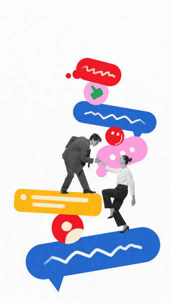 Two employees climbing stacked chat bubbles and reactions, symbolizing teamwork in online discussions
