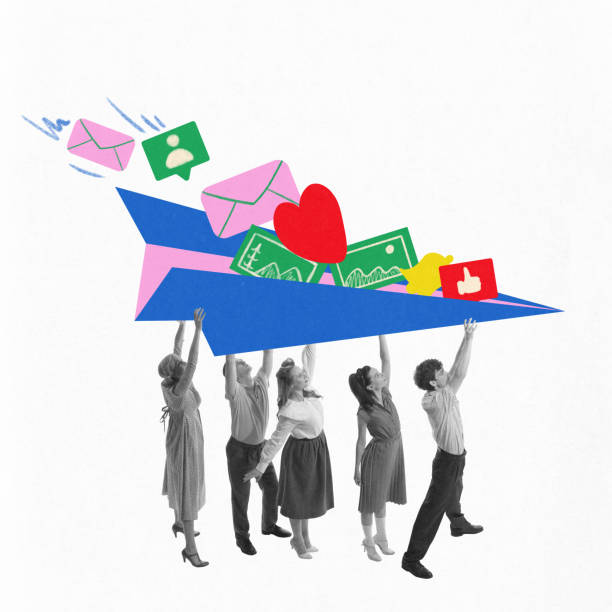 Team holding and navigating paper plane filled with digital interactions, including messages, reactions, and notifications