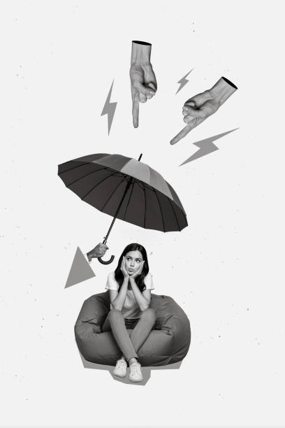 istock Magazine creative collage of unhappy woman sit bean chair protect from hate speech humiliation parasol 2198664183