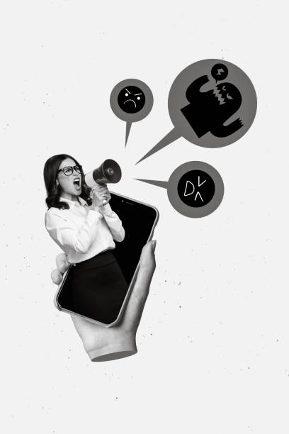 istock Creative template collage of bossy young lady from touch screen device loud scam message shout hate speech 2198664186