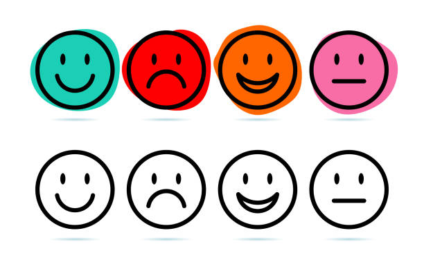 ilustraciones, imágenes clip art, dibujos animados e iconos de stock de ilustración emoji de emoticono retro dibujado a mano - cara sonriente antropomórfica
