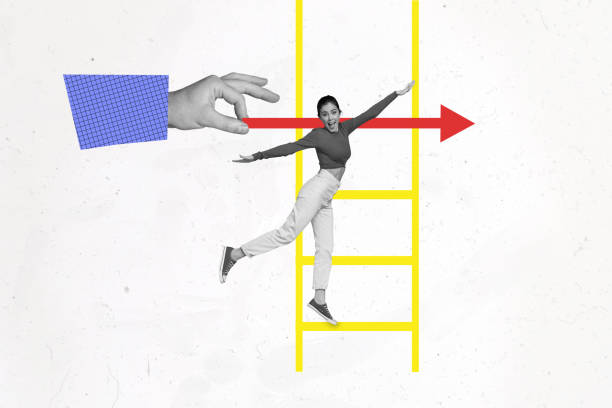 istock Composite sketch design artwork 3D photo collage ofvacancy entrepreneur office hr worker young woman climb up ladder hand hold arrow 2198665251