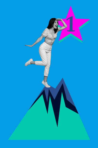 istock Creative artwork template sketch image 3D collage of young lady stand high peak leadership award win challenge achievement champion goal 2198665257