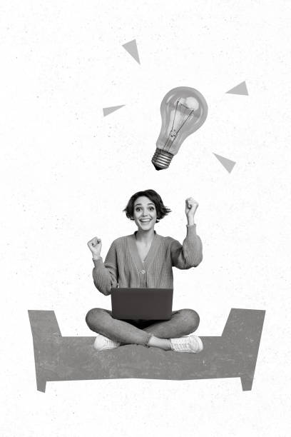 istock Creative retro 3d magazine collage image of smiling lucky lady getting modern device invention isolated painting background 2198668977