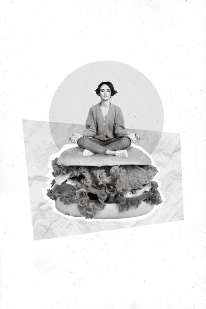istock Creative photo 3d collage artwork poster of focused girl refusing fastfood avoiding stress practicing yoga isolated on painting background 2198669135