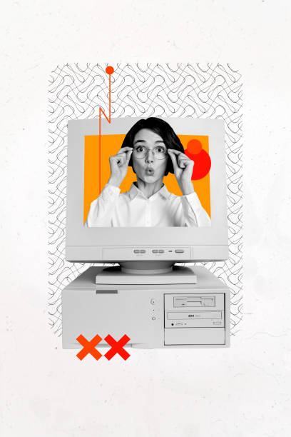 istock Template sketch image composite collage of device virtual obsolete computer remote monitor young woman head appear wow office manager 2198669574