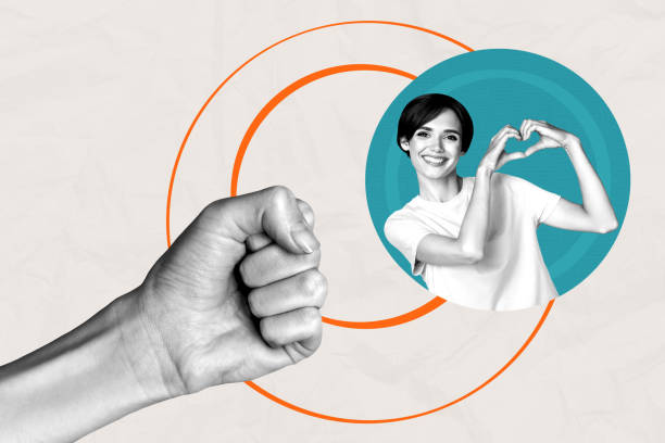 istock Creative artwork template sketch image collage of young lady smile showing heart shape hand sign body language gesture fist power attack 2198669657