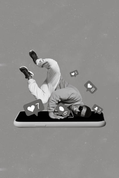 Creative digital template collage of crazy guy break dance on smart gadget touch screen increase facebook instagram youtube likes