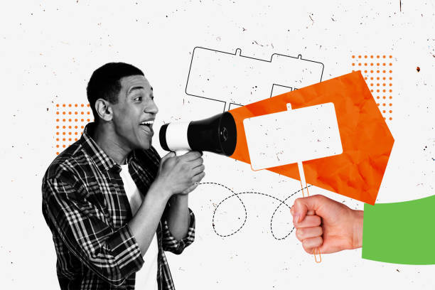 istock Trend composite sketch template 3D collage of picket strength citizen opinion resources vote banner young guy student proclaim megaphone 2198671079
