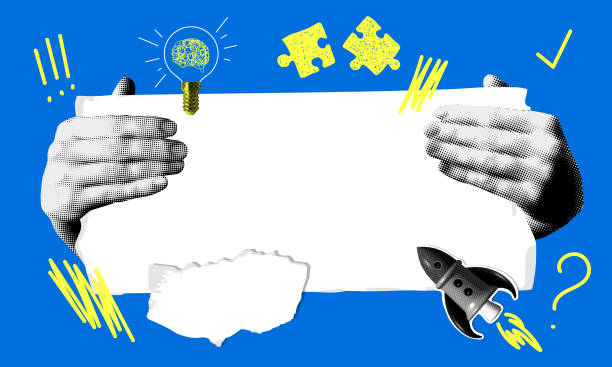 Pop art style banner with halftone hands holding sheet of paper. Modern collage with rocket, puzzle, light bulb Pop art style banner with halftone hands holding sheet of paper. Modern collage with rocket, puzzle, light bulb. Business startup concept. Creating ideas rocket template stock illustrations